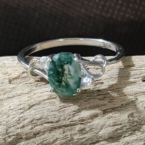 Moss Agate Ring Quartz Sterling Silver 925 Size 8 Oval Green Nature Earth Stamp